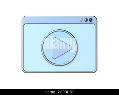 Symbol für Videoplayer-Fenster 3D Darstellung auf Weiß isoliert rendern Hintergrund Stockfoto