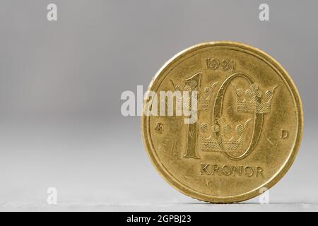 10 schwedische Kronen Münze Nahaufnahme Stockfoto