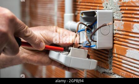 Elektriker Arbeiter bei der Arbeit mit einem Schraubendreher fixiert das Kabel in der Klemme des Schalters einer Wohnelektrik. Bauindustrie. Stockfoto