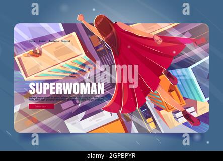 Superwoman Cartoon Landing Page, Superhelden Mädchen in rotem Umhang fliegen mit erhobener Hand in Himmel über der modernen Stadt. Leistungsstarke weibliche Figur bereit für Kunststück, Comic-Personage Flug, Vector Web-Banner Stock Vektor