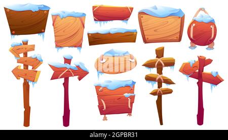 Im Winter sind Holztafeln mit Schnee bedeckt, Planken und Zeiger auf der Post. Vektor Cartoon Satz von alten Holzplatten, gefrorenen Holzbrettern und Richtungsschilder mit Eiszapfen isoliert auf weißem Hintergrund Stock Vektor