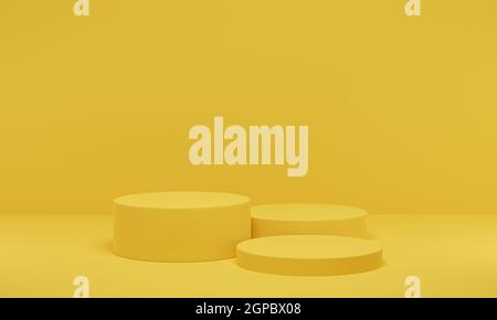 3D-Rendering. Gelbe Zylinderplattform mit minimalem Hintergrund. Abstrakte geometrische Formen Podium für Display Produktpräsentation. Stockfoto