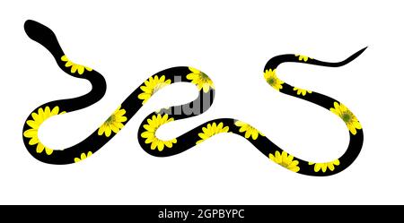 Silhouette der Schlange. Schwarze Schlange mit gelben Flecken isoliert auf weißem Hintergrund. Vektor Tattoo Design. Stockfoto