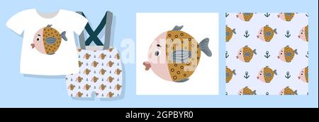 Ein lustiger Druck für Babykleidung. Niedliches Muster mit Fischen. T-Shirt-Design. Vektorgrafik. Ready-made Textil-Design-Kit. Nahtlose Muster. Marin Stockfoto