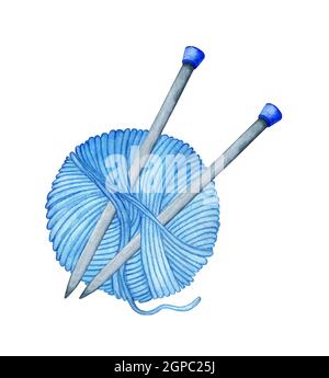 Aquarell-Illustration von Stricknadeln, die in einen Skein aus blauem Garn eingeführt wurden. Stricken. Kreativität, Nadelarbeit, Stricken. Logo, Design. Isolierte Ove Stockfoto