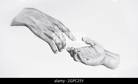 Skizze des Erreichens, eine helfende Hand geben. Zeichnen berührende Hände. Stockfoto