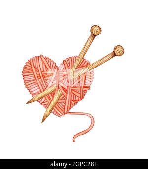 Aquarell-Illustration eines roten Fadenknäuel in Form eines Herzens mit Stricknadeln darin. Logo für Stricker. Handarbeit, Kreativität, drei Stockfoto