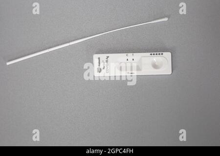 Abbott Panbio COVID-19 AG, Selbsttest-Kit Coronavirus für zu Hause auf grauem Hintergrund, Covid-19, Gesundheit, Geschäftskonzept, Selbsttest Stockfoto