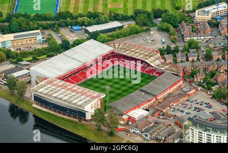 Luftaufnahme des Nottingham Forest Football Club, Nottinghamshire England, Großbritannien Stockfoto