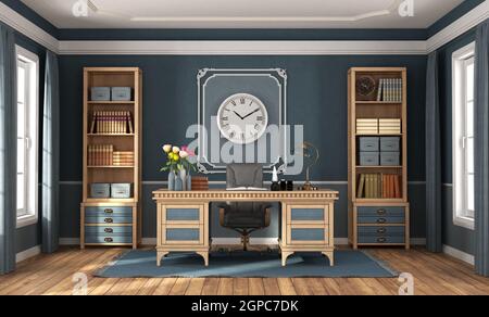 Klassisches Home Office mit blauen Wänden, Holzschreibtisch und Bücherregal - 3D Rendering Stockfoto