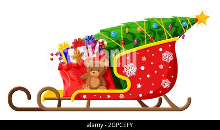 Weihnachtsmann Schlitten mit Geschenkboxen, Spielzeug und Baum Stock Vektor