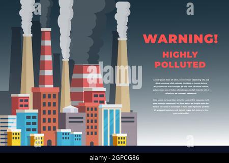 vektor-Illustration stark verschmutzende Stadt mit Rauch aus Fabriken Schornstein. Die Umwelt mit hoher Luftverschmutzung. Globale Erwärmung. Stock Vektor