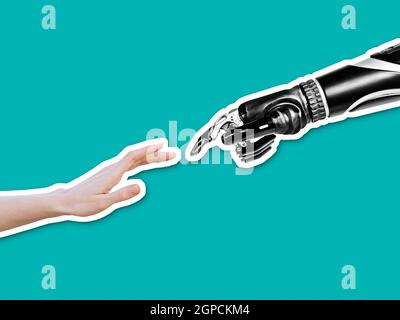 Roboterhand, die weibliche menschliche Hand berührt, Verbindung zwischen Menschen und Technologie der künstlichen Intelligenz im Collage-Ausschnitt-Stil Stockfoto