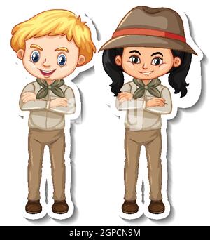 Paar Kinder in Safari Outfit Cartoon Charakter Aufkleber Illustration Stock Vektor