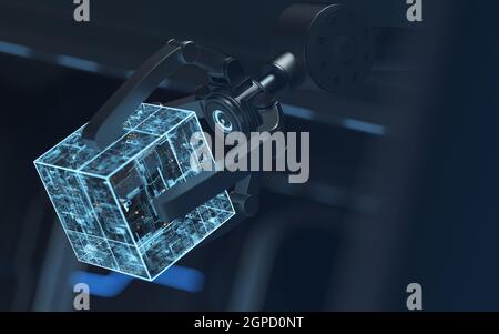 Roboterarme im dunklen futuristischen Raum, 3d-Rendering. Digitale Zeichnung des Computers. Stockfoto