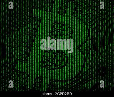 Bitcoin-Halbtonabbildung, Matrixmuster, vertikale grüne Linien von zufälligem Buchstaben und Ziffern auf Schwarz. Stockfoto