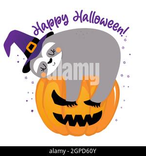 Happy Halloween - lustiges Faultier, das an der Kürbislaterne hängt. Faultier-Doodle zum Drucken zeichnen. Entzückendes Poster für Halloween-Party, gut für T-Shirts, Geschenke, Stock Vektor