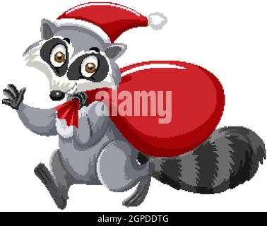 Cute Raccoon trägt Weihnachtshut Cartoon Figur Illustration Stock Vektor