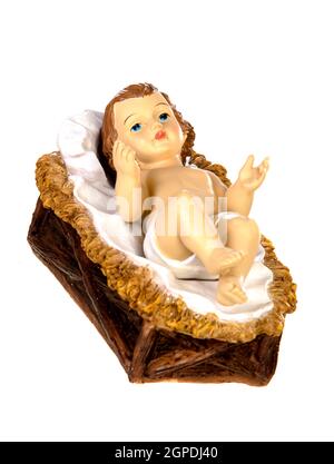 Baby Jesus Weihnachten rustikalen isoliert auf weißem Hintergrund Stockfoto