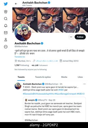 Twitter-Seite (September 2021) von Amitabh Bachchan: Indischer Schauspieler, Filmproduzent, Fernsehmoderator und ehemaliger Politiker Stockfoto