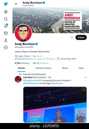 Twitter-Seite (September 2021) von Andy Burnham: Bürgermeister von Greater Manchester, ehemaliger Labour-Abgeordneter Stockfoto