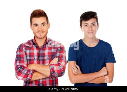 Zwei hübsche Jungs isoliert auf weißem Hintergrund Stockfoto