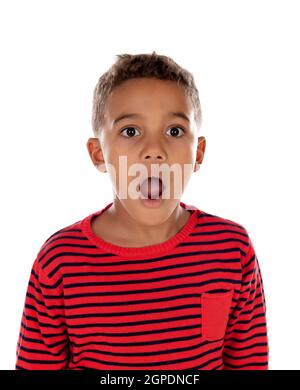 Überrascht Kind öffnet seinen Mund isoliert auf weißem Hintergrund Stockfoto