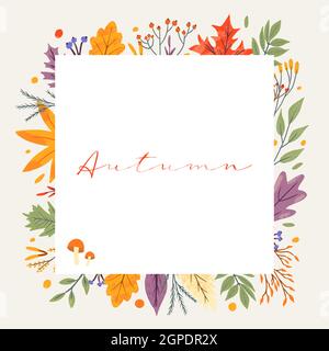 Banner-Vorlage mit Herbst trendy Elemente und Text dekoriert. Fallende Blätter Beeren und Pilze. Scrapbook Set aus Elementen der Herbstsaison. Flach, natürlich Stock Vektor