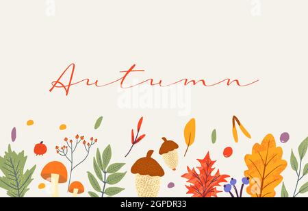 Banner-Vorlage mit Herbst trendy Elemente und Text dekoriert. Fallende Blätter Beeren und Pilze. Scrapbook Set aus Elementen der Herbstsaison. Flach, natürlich Stock Vektor