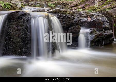 Nahaufnahme lange Exposition von weichen Waldwasserfällen, die über Felsen kaskadieren Stockfoto