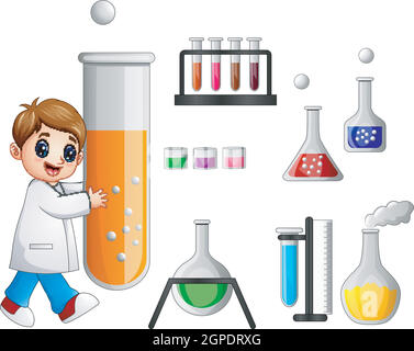 Junger Wissenschaftler mit Reagenzglas und Laborgeräten Stock Vektor