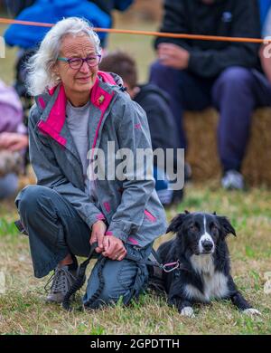 Ein Border Collie Hund in einem Schauring auf einer Country Show mit einer Dame Handler Stockfoto