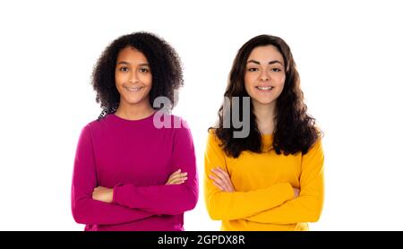 Zwei schöne junge Gürtel mit bunten Pullover isoliert auf einem Weißer Hintergrund Stockfoto