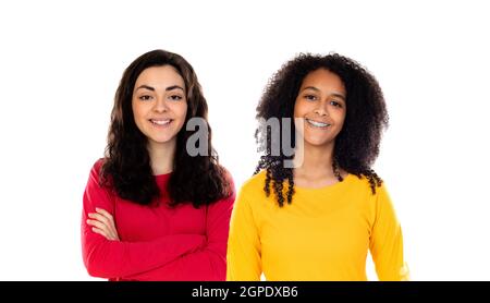 Zwei schöne junge Gürtel mit bunten Pullover isoliert auf einem Weißer Hintergrund Stockfoto