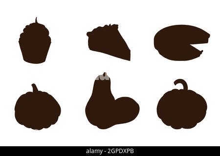 Herbst Holiday Food Silhouette Set. Traditionelle Sammlung von Thanksgiving-Kürbisgerichten. Süße Kürbiskuchen- und Cupcake-Schatten für Aufkleber, Einladung, Menü und Grußkarten-Dekoration. Premium Vector Stock Vektor