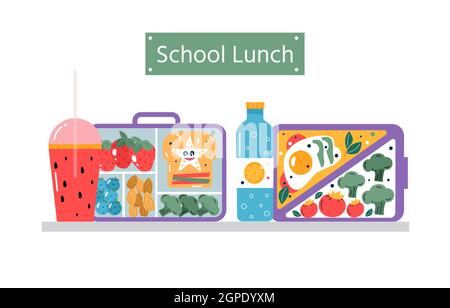 Eine Reihe von Symbolen für Frühstück oder Mittagessen. Essen, Getränke für Kinder Schule Lunchboxen mit Mahlzeit, Hamburger, Sandwich, Saft, Snacks, Obst, Gemüse.V Stock Vektor