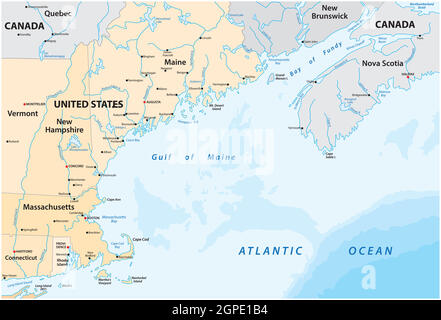 vektorkarte des nordamerikanischen Grenzmeeres, Golf von Maine, Kanada, USA Stock Vektor