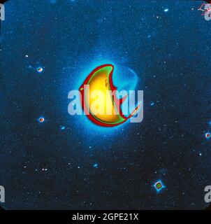 (21. April 1972) --- eine künstlich reproduzierte Farbverstärkung einer 10-minütigen ultravioletten Exposition der Erde, aufgenommen mit einem Filter, der den durch atomaren Wasserstoff verursachten Schein blockiert, aber den durch atomaren Sauerstoff und molekularen Stickstoff verursachten Schein überträgt. Beachten Sie, dass auf der Nachtseite der Erde Luftglühemissionsbänder sichtbar sind, eines davon etwa mittig zwischen den beiden polaren Gehörzonen und eines in einem Winkel zu diesem, der sich nordwärts zur sonnenbeleuchteten Seite der Erde erstreckt. Die UV-Kamera wurde von Astronaut John W. Young auf der Mondlandemission Apollo 16 betrieben Stockfoto