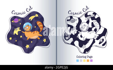 CAT Cosmonaut und Star Coloring Page. Cartoon-Stil. Handgezeichnete Tier Astronaut berühren Stern Kinder Illustration. Premium Vector Stock Vektor