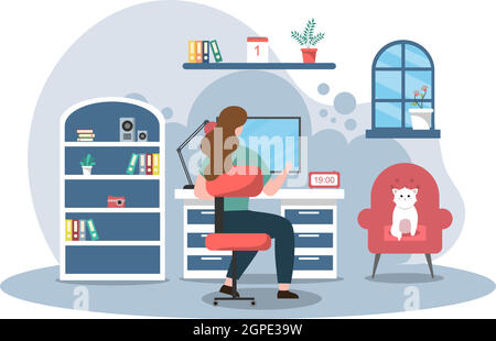 Vektor-Illustration Menschen während der Quarantäne von Coronavirus funktioniert auf Laptops und Computern zu Hause oder am Arbeitsplatz .Remote. Flaches Design Stock Vektor