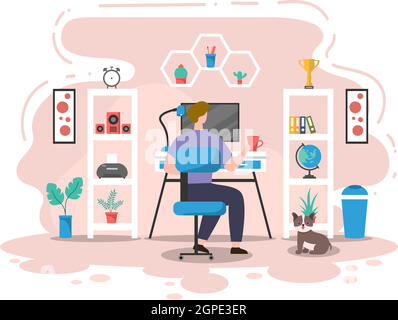 Vektor-Illustration Menschen während der Quarantäne von Coronavirus funktioniert auf Laptops und Computern zu Hause oder am Arbeitsplatz .Remote. Flaches Design Stock Vektor