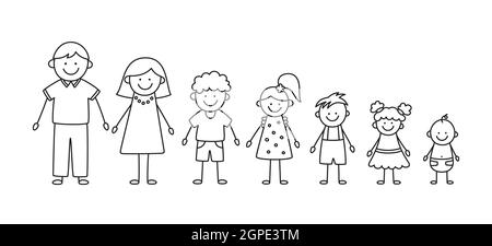 Happy Doodle Stick mans Familie. Satz von Hand gezeichnete Figur der Familie. Mutter, Vater und Kinder. Vektorgrafik isoliert im Doodle-Stil auf Weiß Stock Vektor