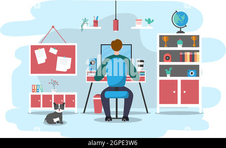 Vektor-Illustration Menschen während der Quarantäne von Coronavirus funktioniert auf Laptops und Computern zu Hause oder am Arbeitsplatz .Remote. Flaches Design Stock Vektor