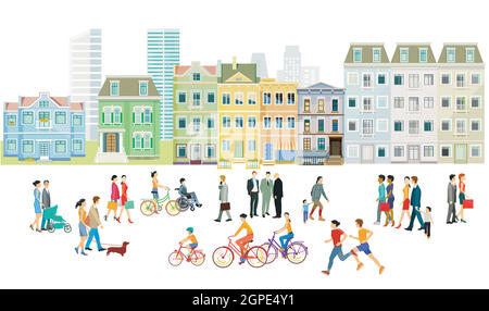 Familien und Menschen auf dem Bürgersteig Illustration Stock Vektor