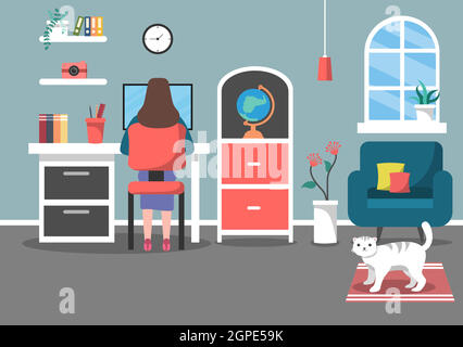 Vektor-Illustration Menschen während der Quarantäne von Coronavirus funktioniert auf Laptops und Computern zu Hause oder am Arbeitsplatz .Remote. Flaches Design Stock Vektor