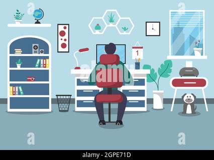Vektor-Illustration Menschen während der Quarantäne von Coronavirus funktioniert auf Laptops und Computern zu Hause oder am Arbeitsplatz .Remote. Flaches Design Stock Vektor