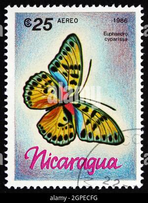 NICARAGUA - UM 1986: Eine in Nicaragua gedruckte Briefmarke zeigt Euphaedro Cyparissa, Butterfly, um 1986 Stockfoto