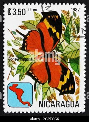 NICARAGUA - UM 1982: Eine in Nicaragua gedruckte Briefmarke zeigt Tiger Leafwing, Consul Hippona, Butterfly, um 1982 Stockfoto