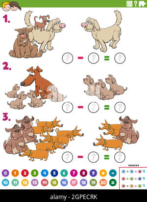 Mathe Subtraktion pädagogische Aufgabe mit Cartoon-Hunde Stock Vektor