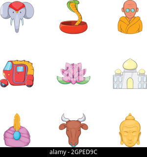 Indien-Symbole-Set, Cartoon-Stil Stock Vektor